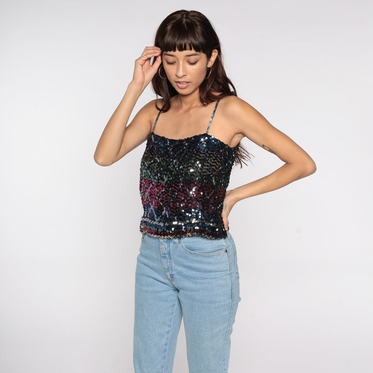 80s Black Sequin Tank Top Striped Diamond Pattern Crop Spaghetti Strap Medium