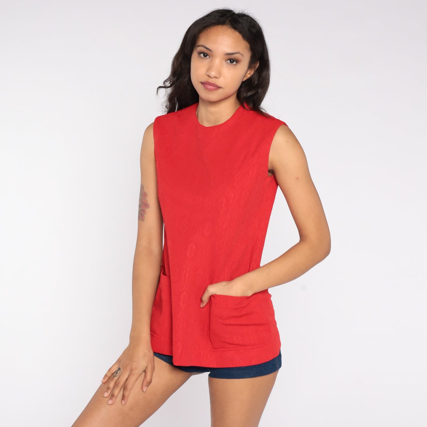 70s Red Geometric Embossed Tank Top Pocket Sleeveless Blouse Small