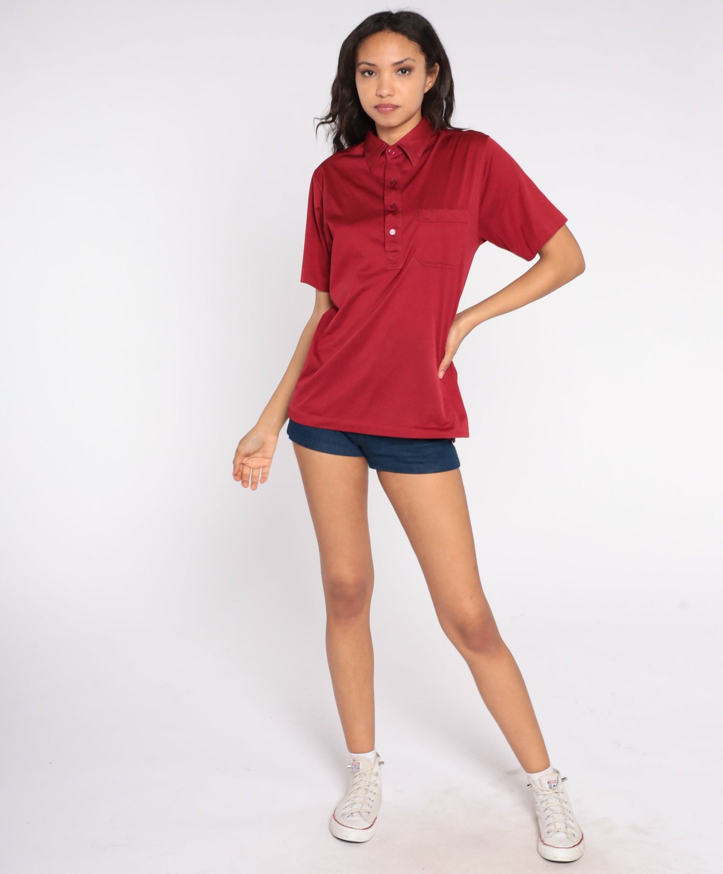 70s Burgundy Polo Shirt Button Up Collared Short Sleeve Medium