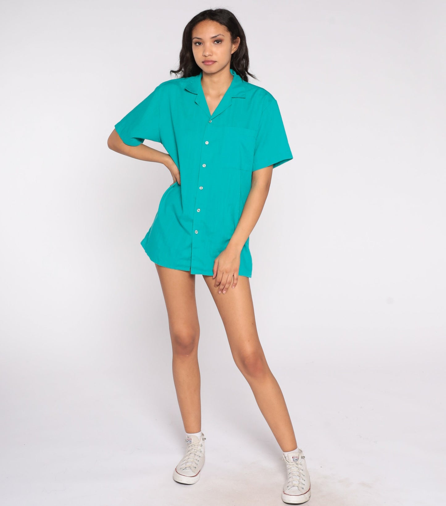 80s Turquoise Button-Up Shirt Short Sleeve Plain Top Medium Large