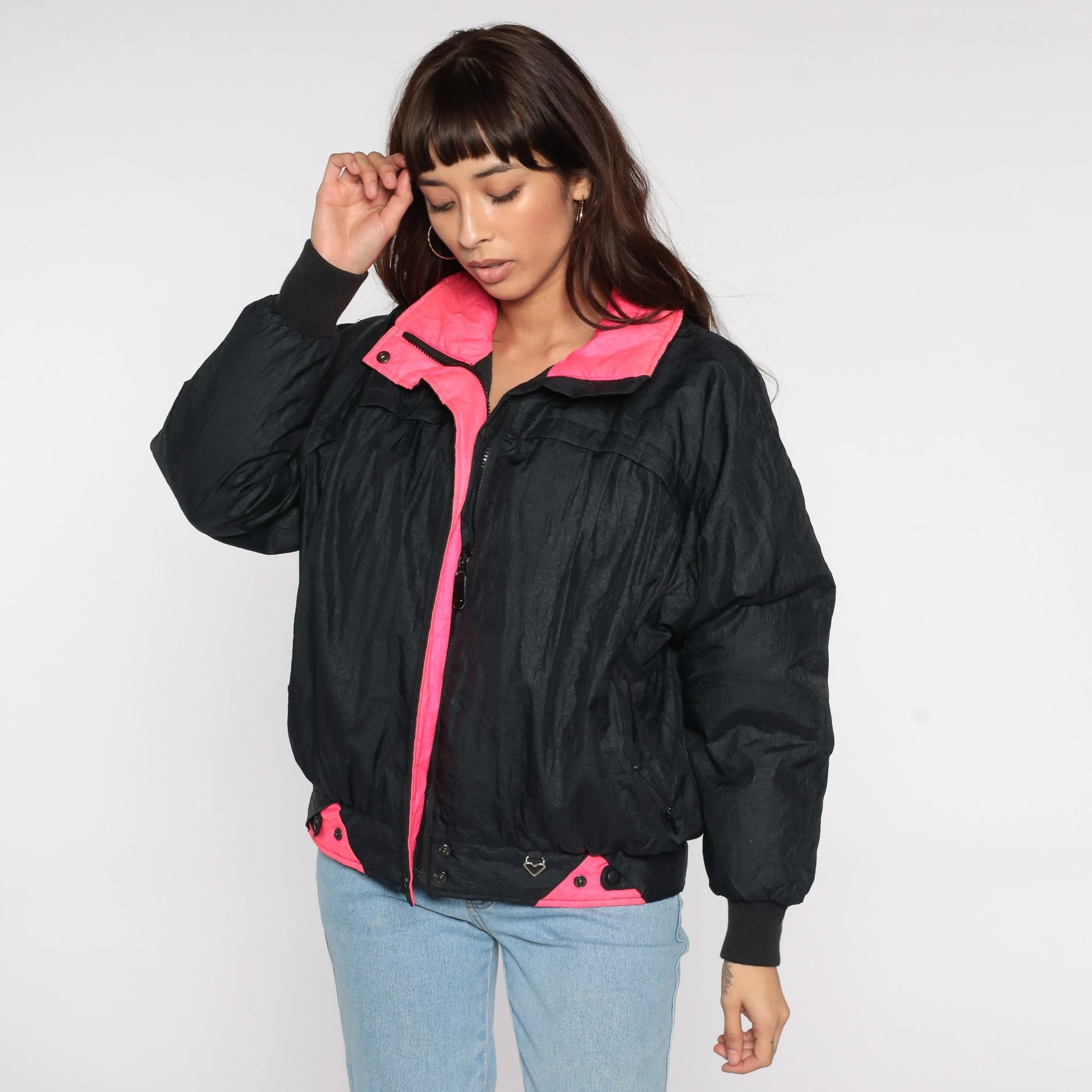 80s Obermeyer Black Puffer Ski Jacket Neon Pink Trim Medium