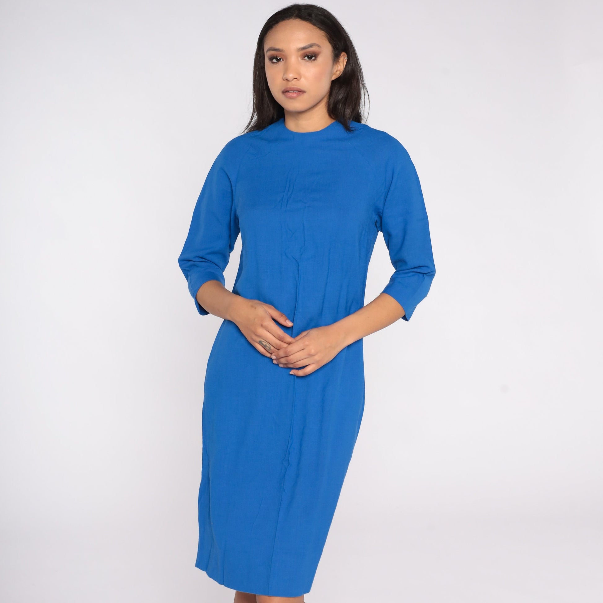 70s Blue Shift Dress Midi Length Raglan Sleeve Medium