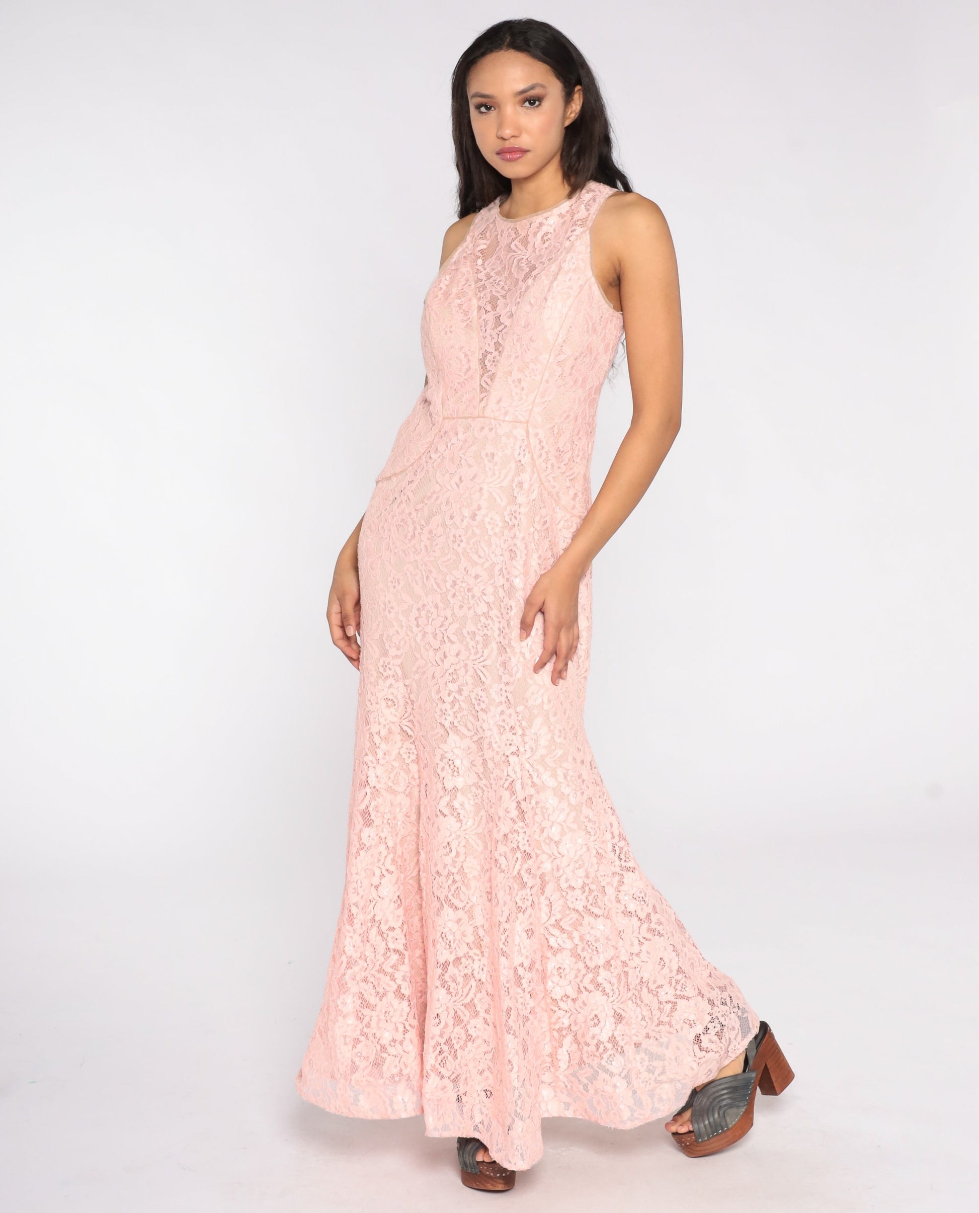 Y2K Baby Pink Lace Maxi Dress Plunge Illusion Neckline Sleeveless Large 12P