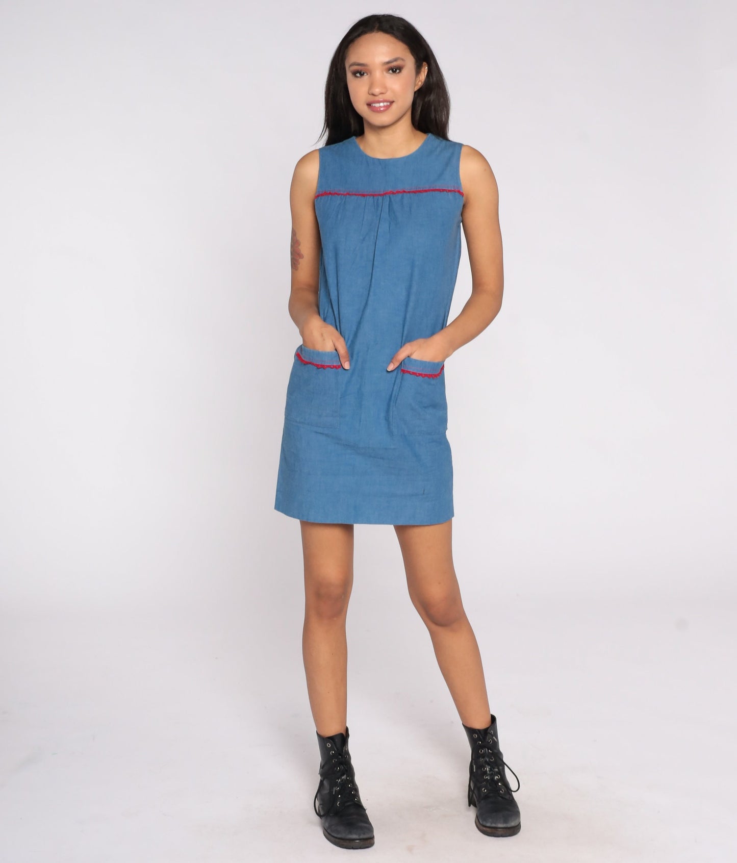 60s Blue Mod Shift Mini Dress Sleeveless Rear Zip Extra Small