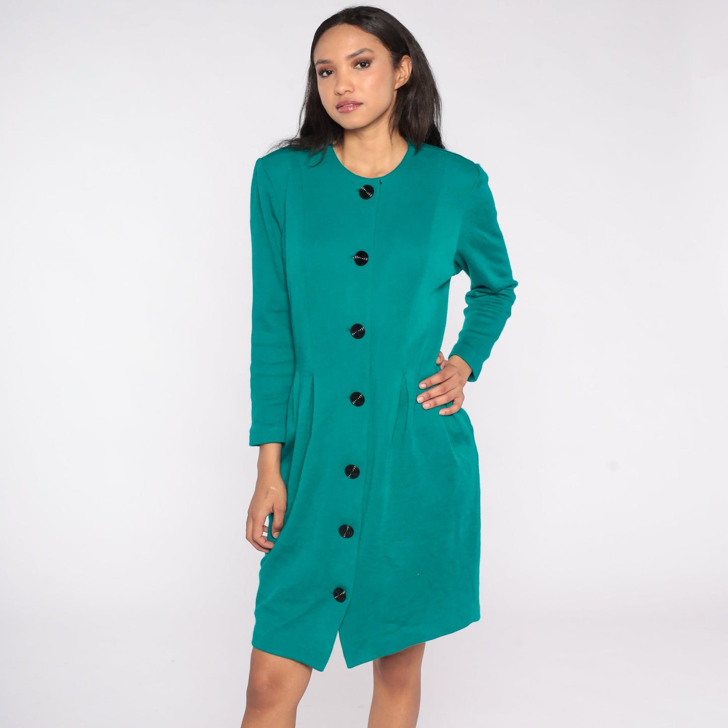 80s Teal Button-Up Mini Dress Sheath Cut Short Sleeve Large L