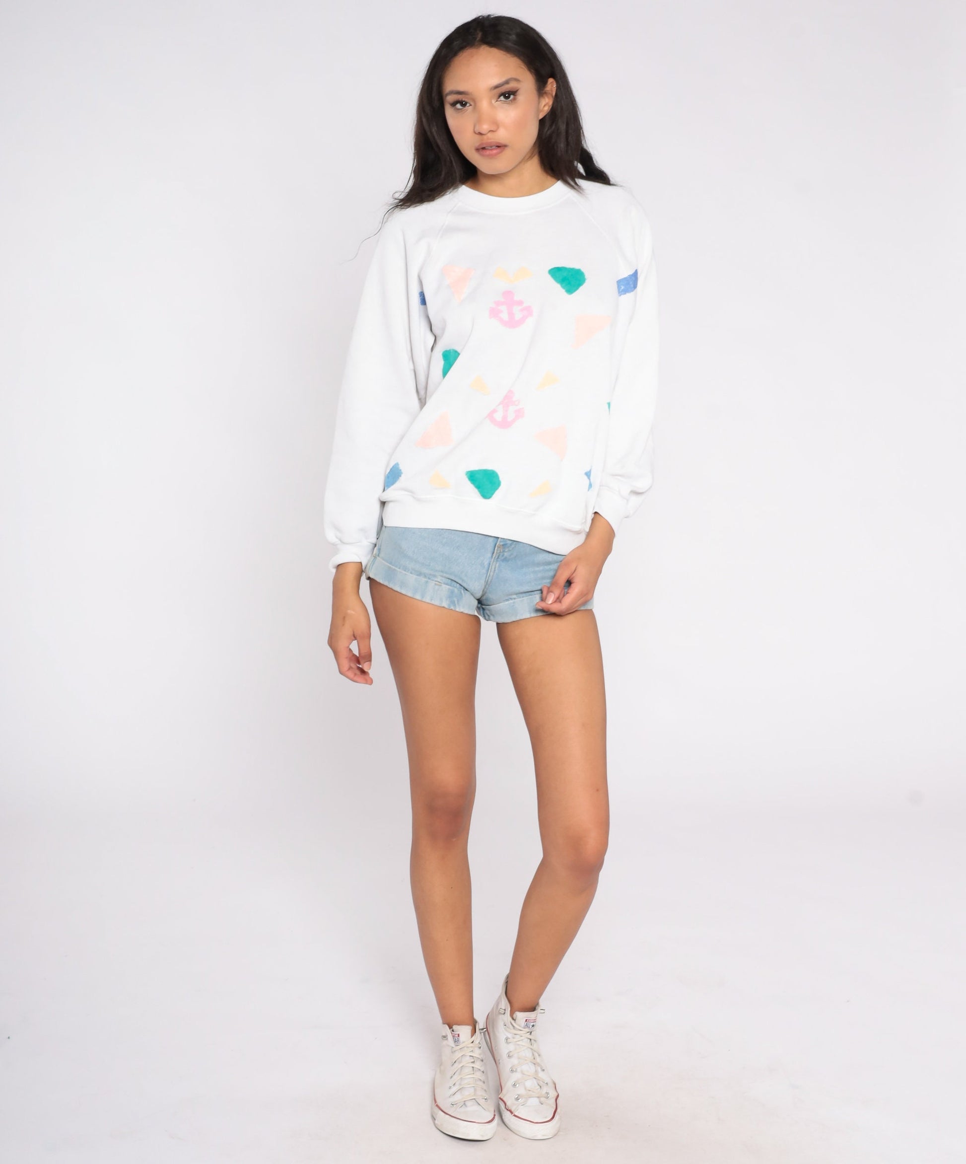 80s Hand Painted Anchor Raglan Sweatshirt White Nautical Graphic Large