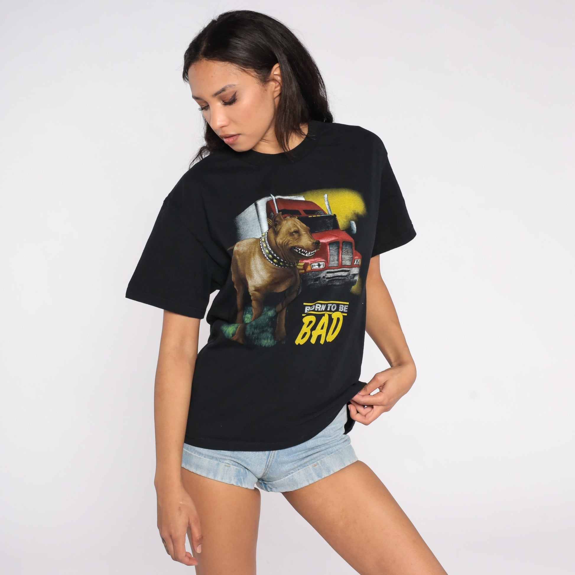 90s Guard Dog Born To Be Bad Graphic T-Shirt Black Trucker Medium