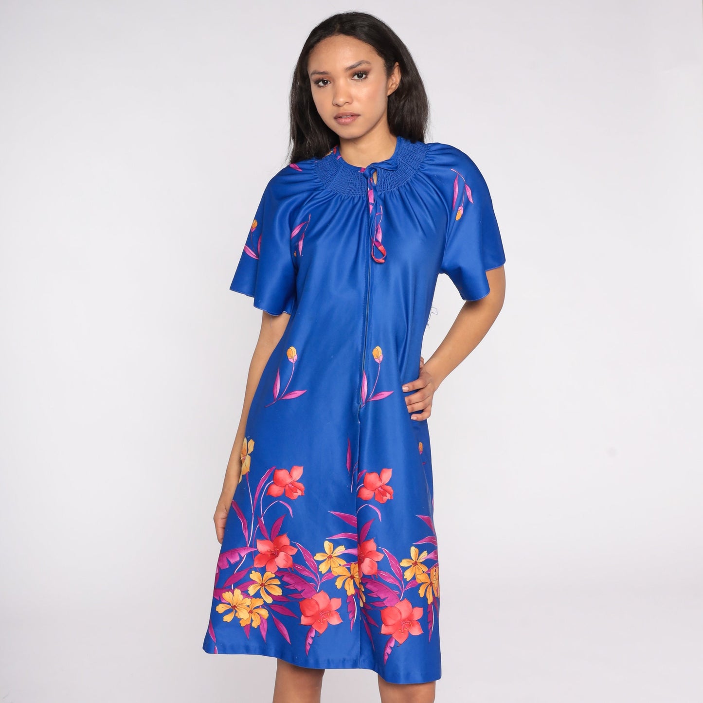 70s Blue Floral Midi Shift Dress Front Zip Lounge Wear Medium