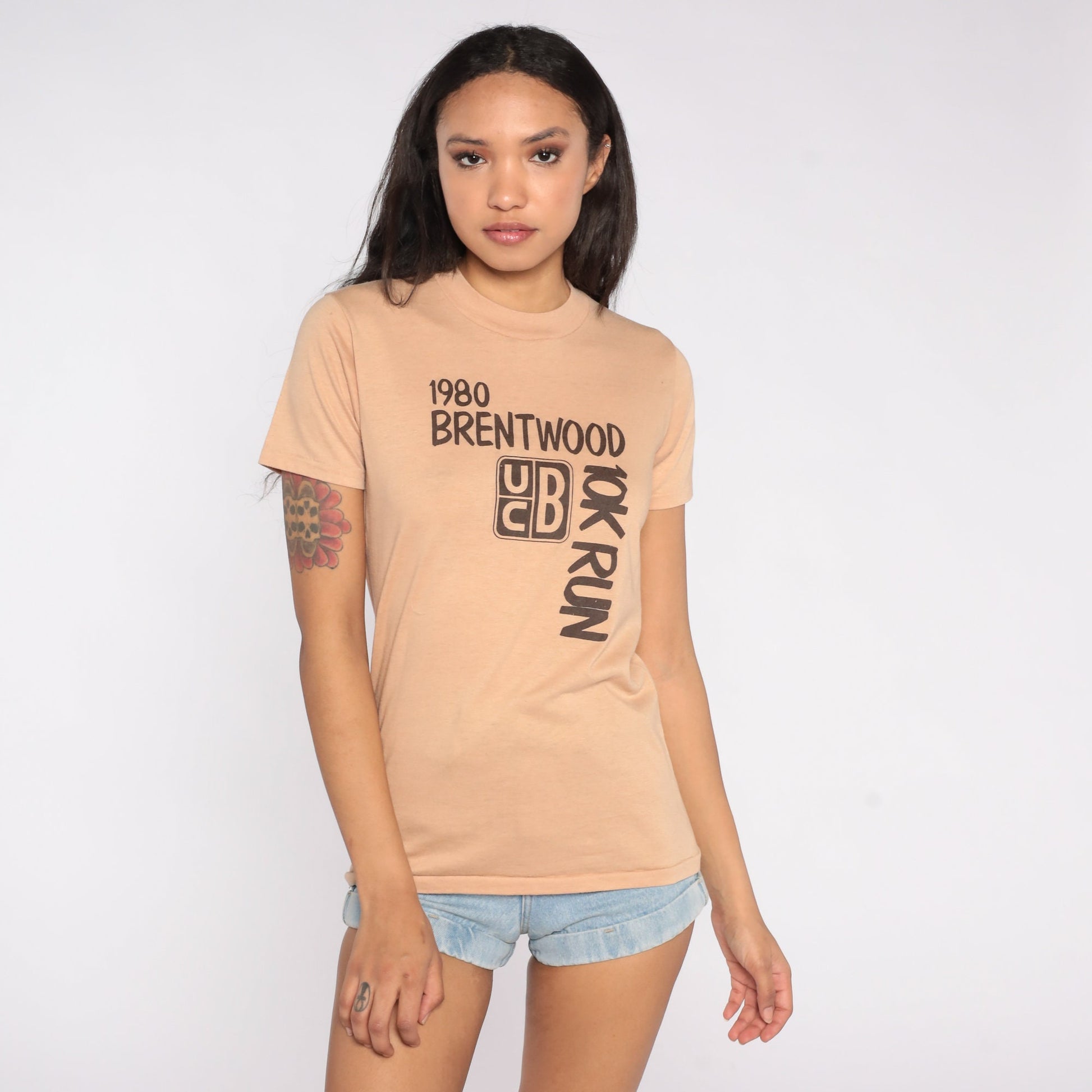 80s Brentwood 10K Run 1980 Graphic Tee Single Stitch Tan Brown Extra Small