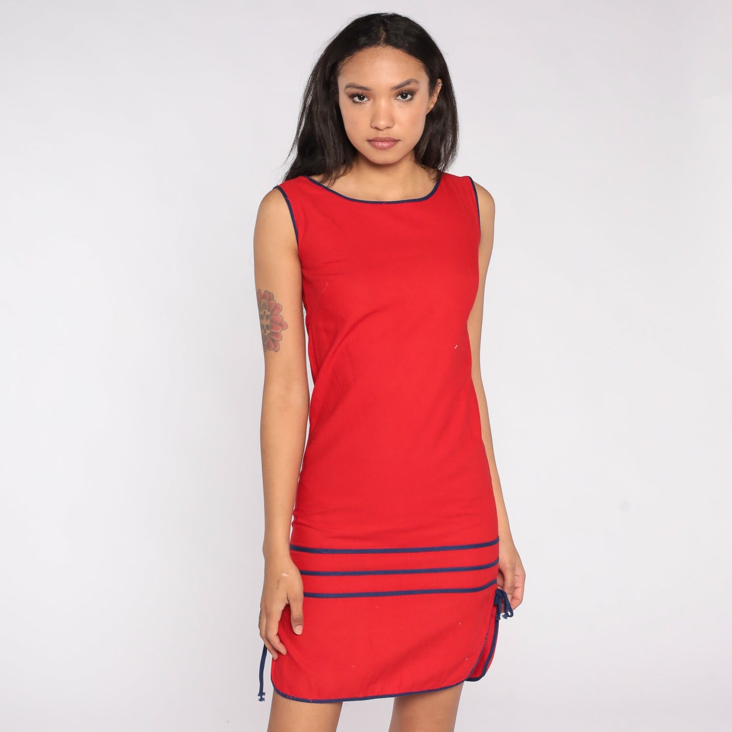 80s Red Mini Sheath Dress Striped Trim Sleeveless Extra Small