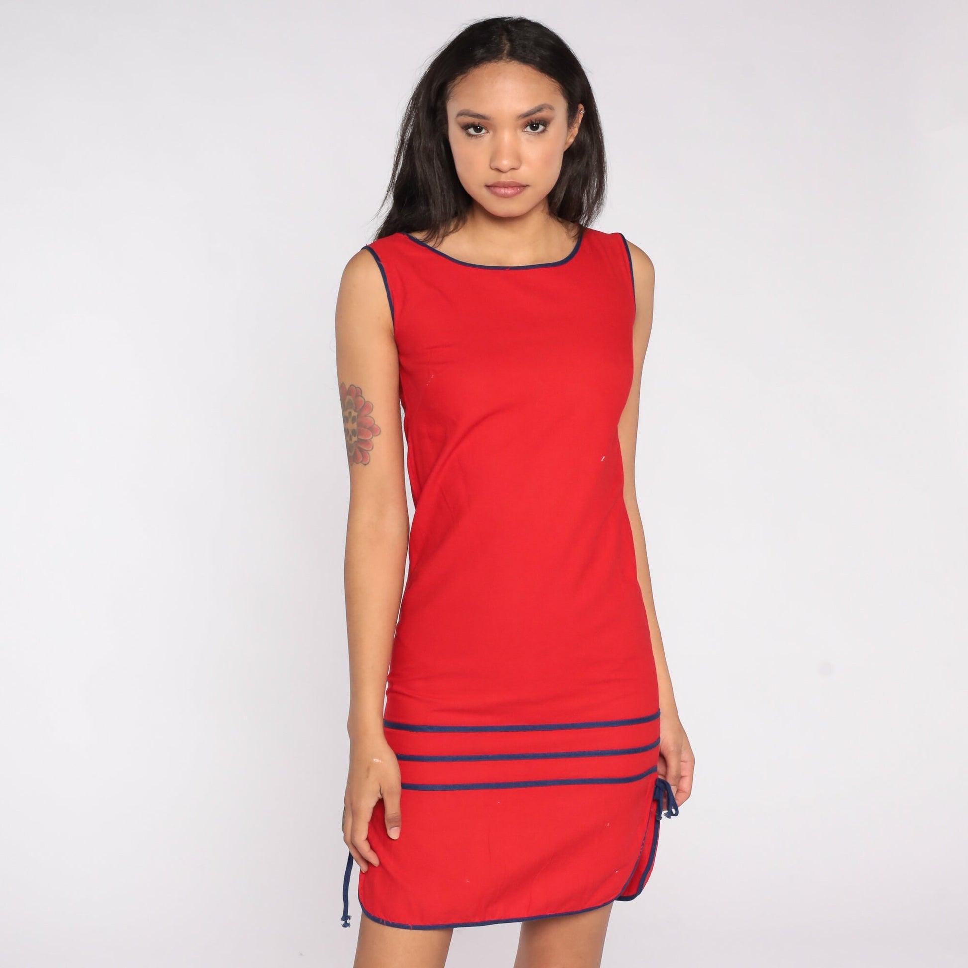 80s Red Mini Sheath Dress Striped Trim Sleeveless Extra Small