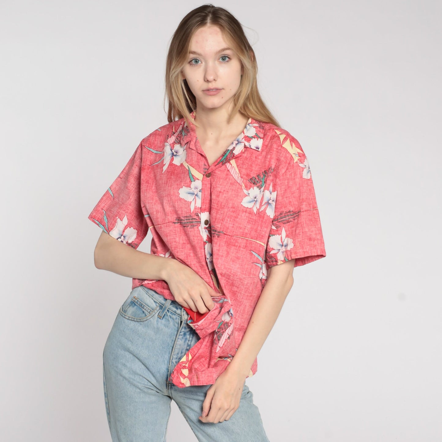 90s Tropical Floral Button-Up Shirt Faded Red Hawaiian Cotton Men's Large