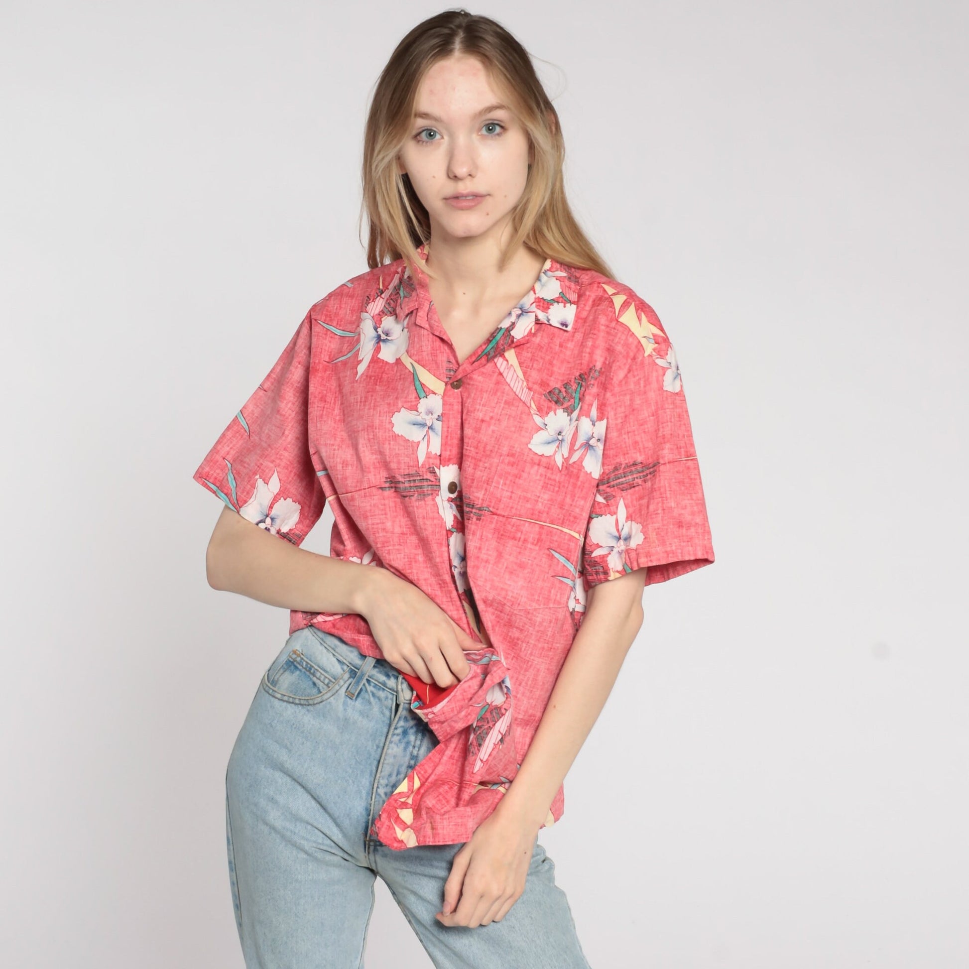 90s Tropical Floral Button-Up Shirt Faded Red Hawaiian Cotton Men's Large