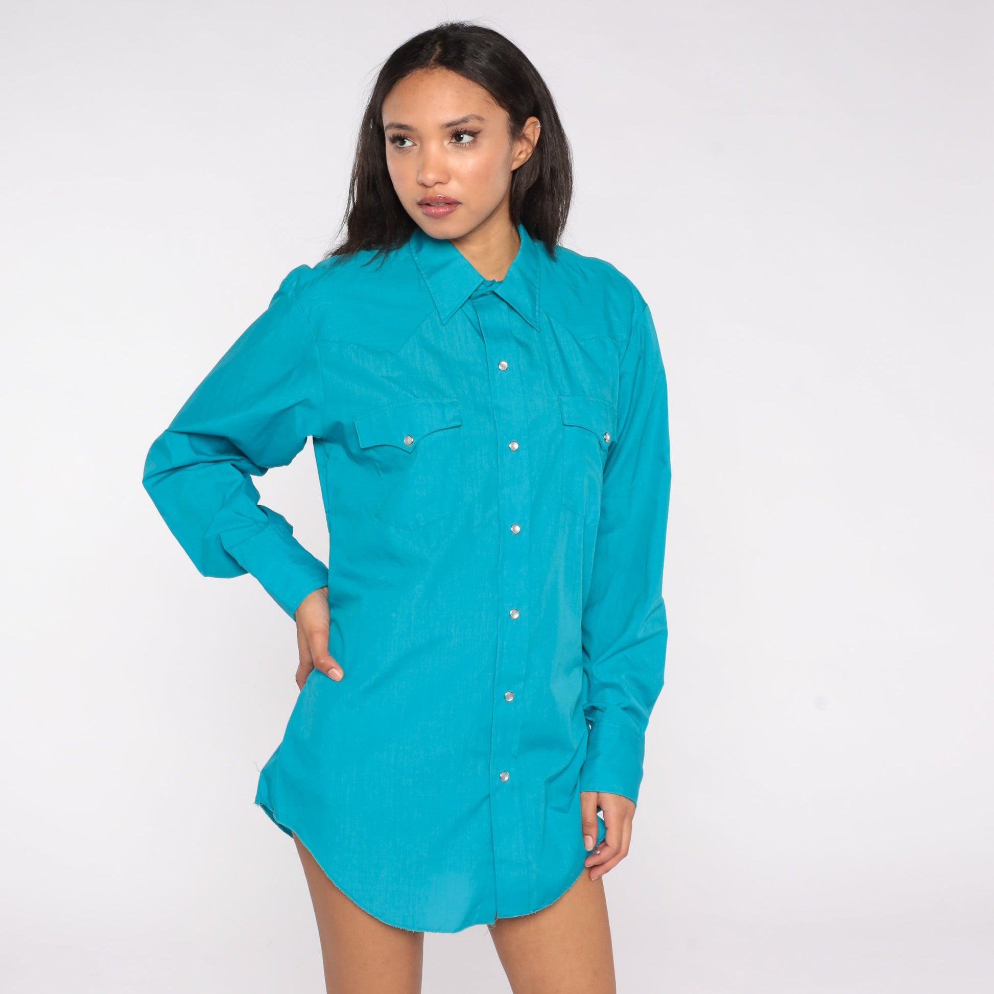 70s Turquoise Western Shirt Pearl Snap Dagger Collar Long Sleeve Men's Large