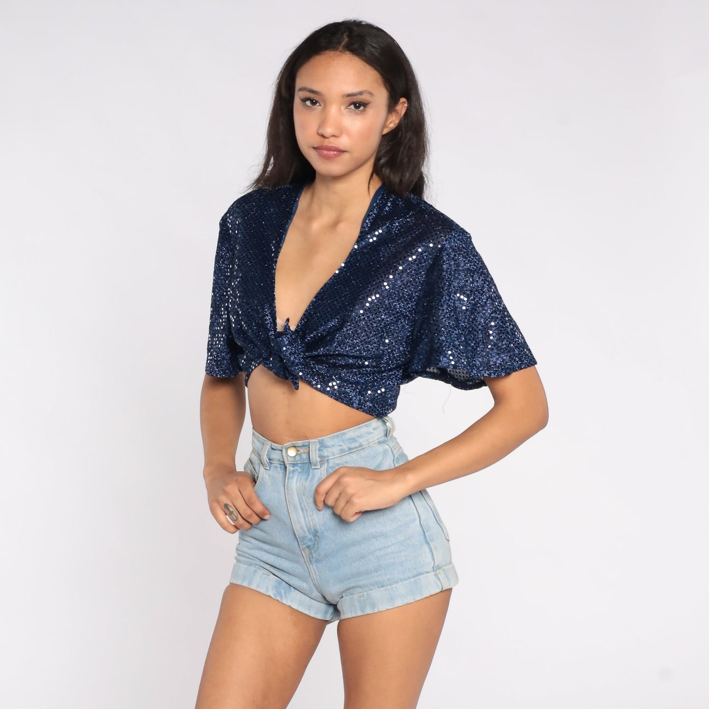 90s Blue Sequin Crop Top Tie Front Short Sleeve Blouse Large