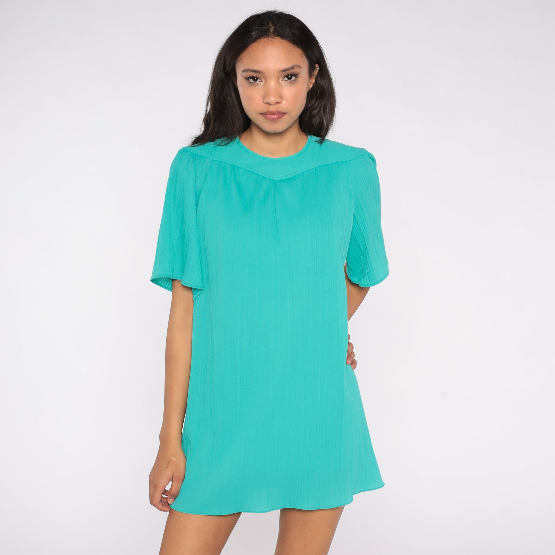 70s Teal Tent Mini Dress Pleated Flutter Sleeve Keyhole Back Large L