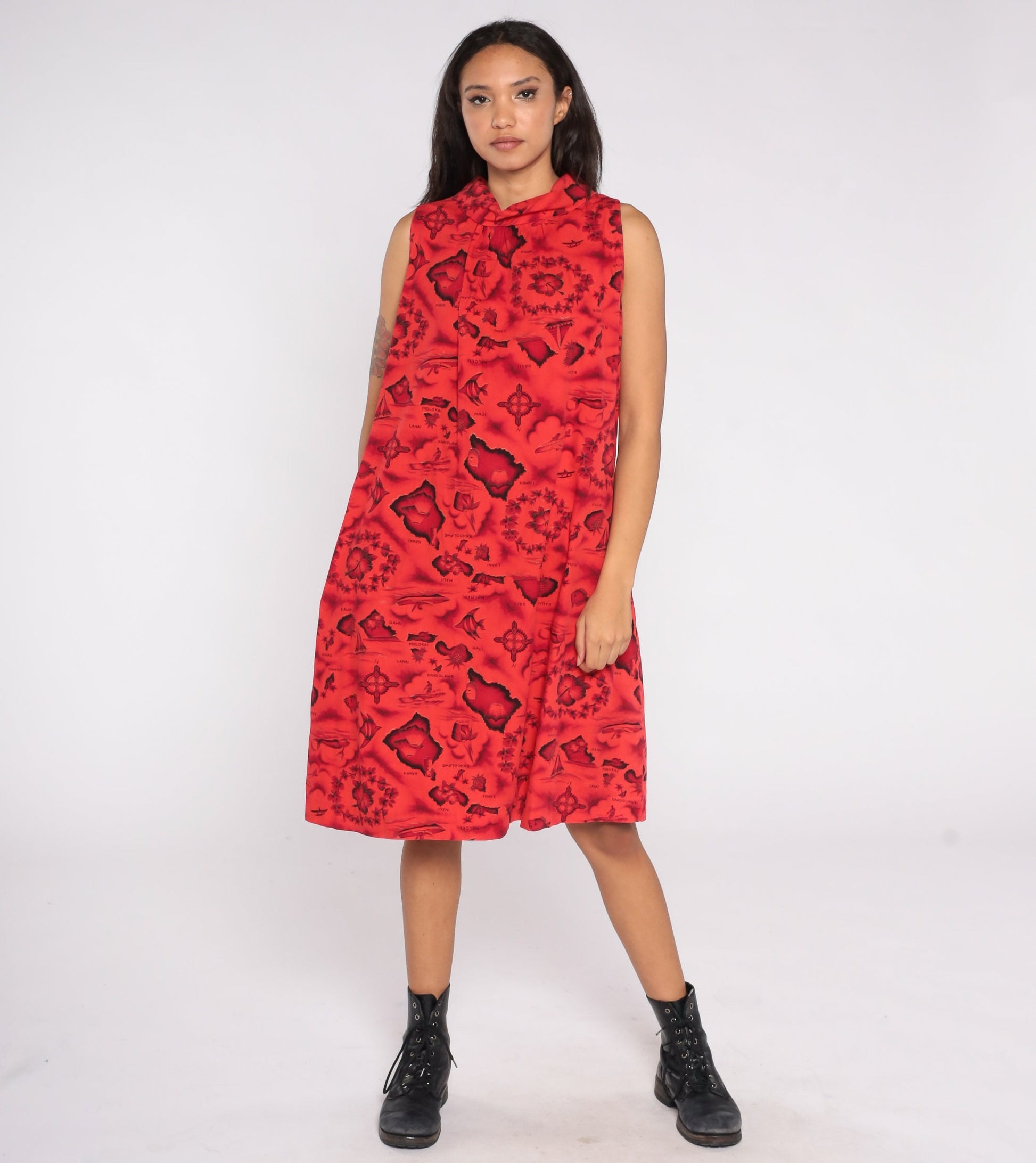 70s Hawaiian Tropical Print Shift Dress Red Floral Island Cotton Large L