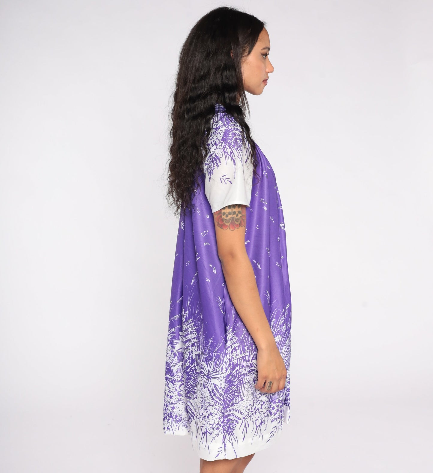 80s Purple Floral Pajama Dress Button-Up Nightgown Short Sleeve Medium
