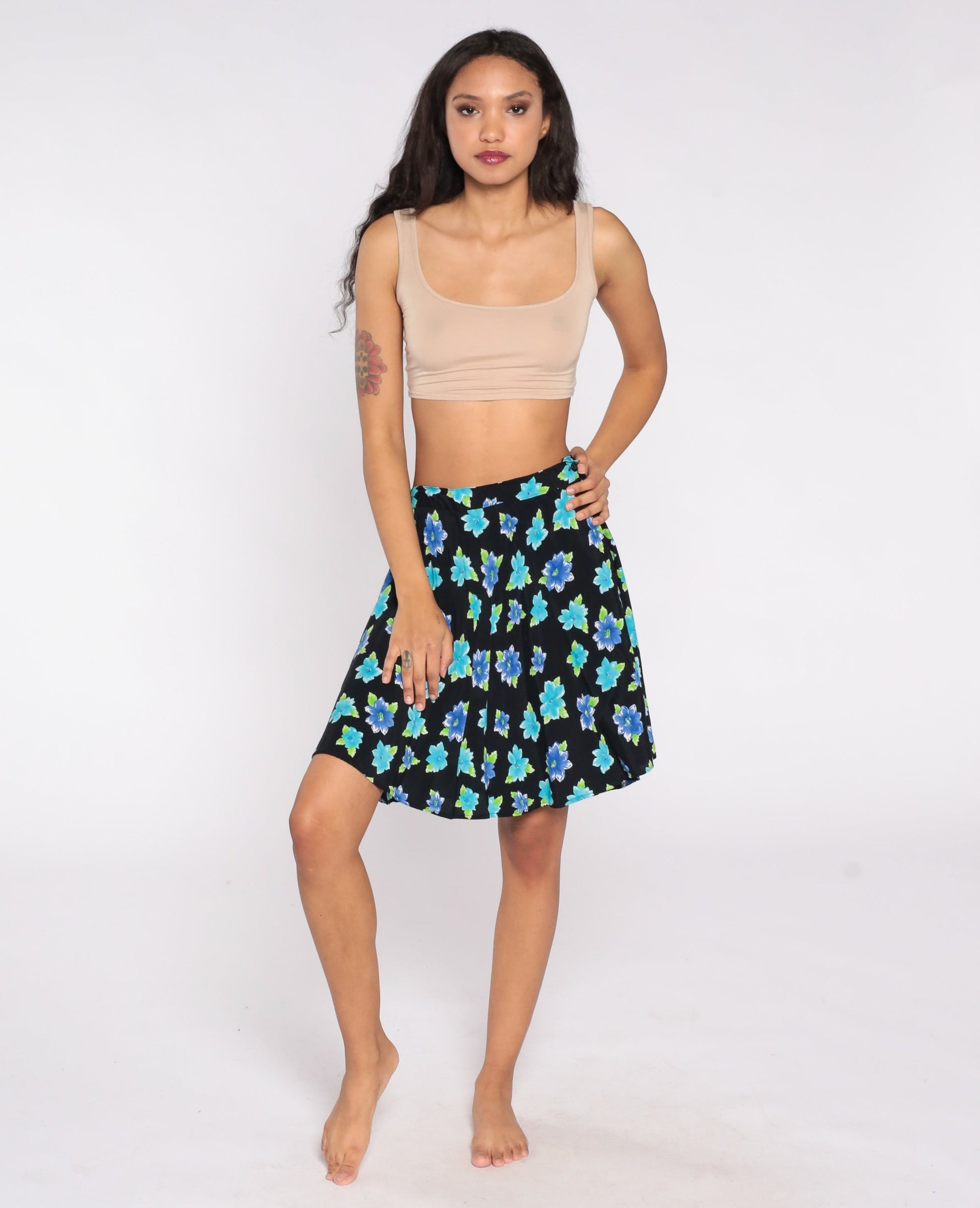 90s Floral Mini Skirt Black Blue Flower Print Rayon Medium