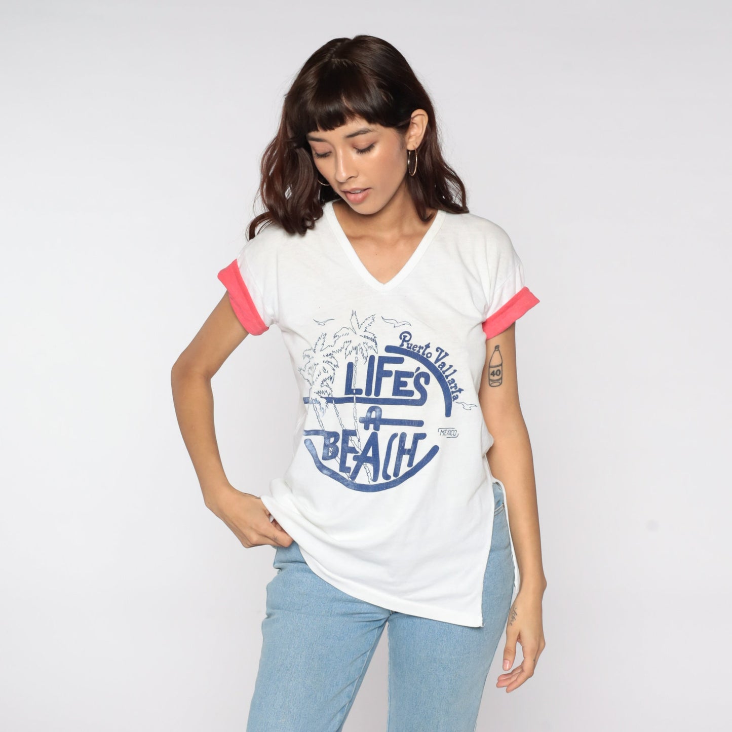 80s Puerto Vallarta Mexico Graphic T-Shirt Life's A Beach Palm Tree Medium
