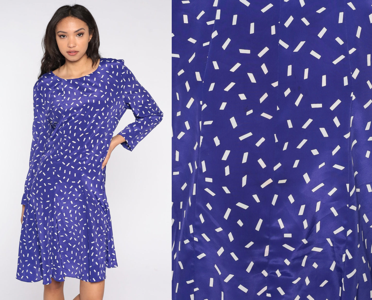 80s Purple White Confetti Print A-Line Dress Long Sleeve Knee Length Large