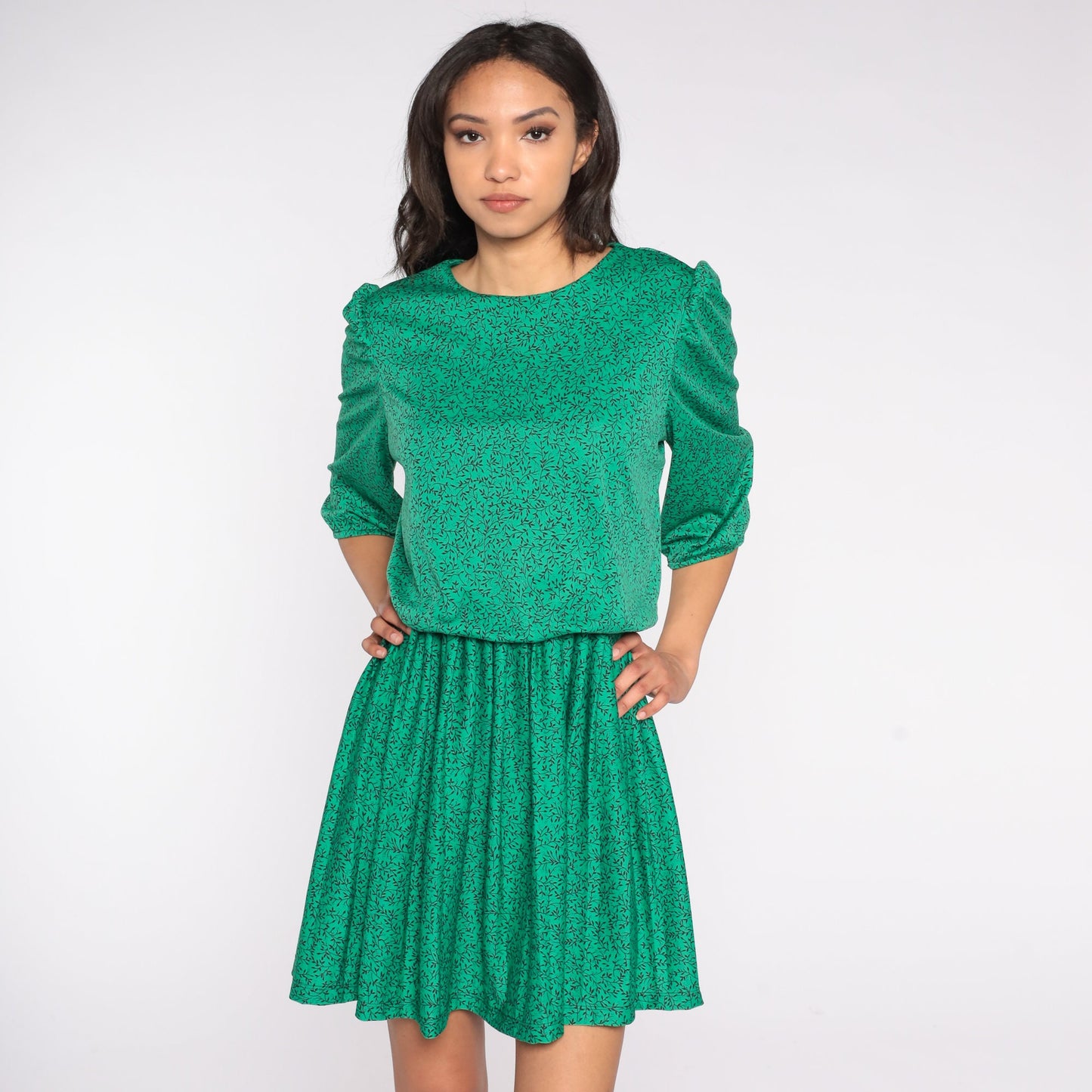 80s Green Vine Print Mini Dress Puff Sleeve High Waist Blouson Medium