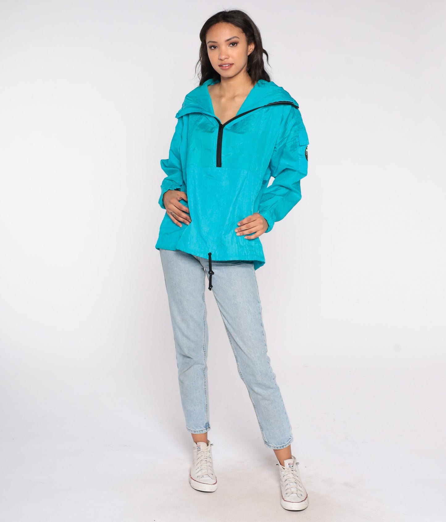 90s Turquoise Shiny Windbreaker Jacket Quarter Zip Hood Red Pepper Medium M