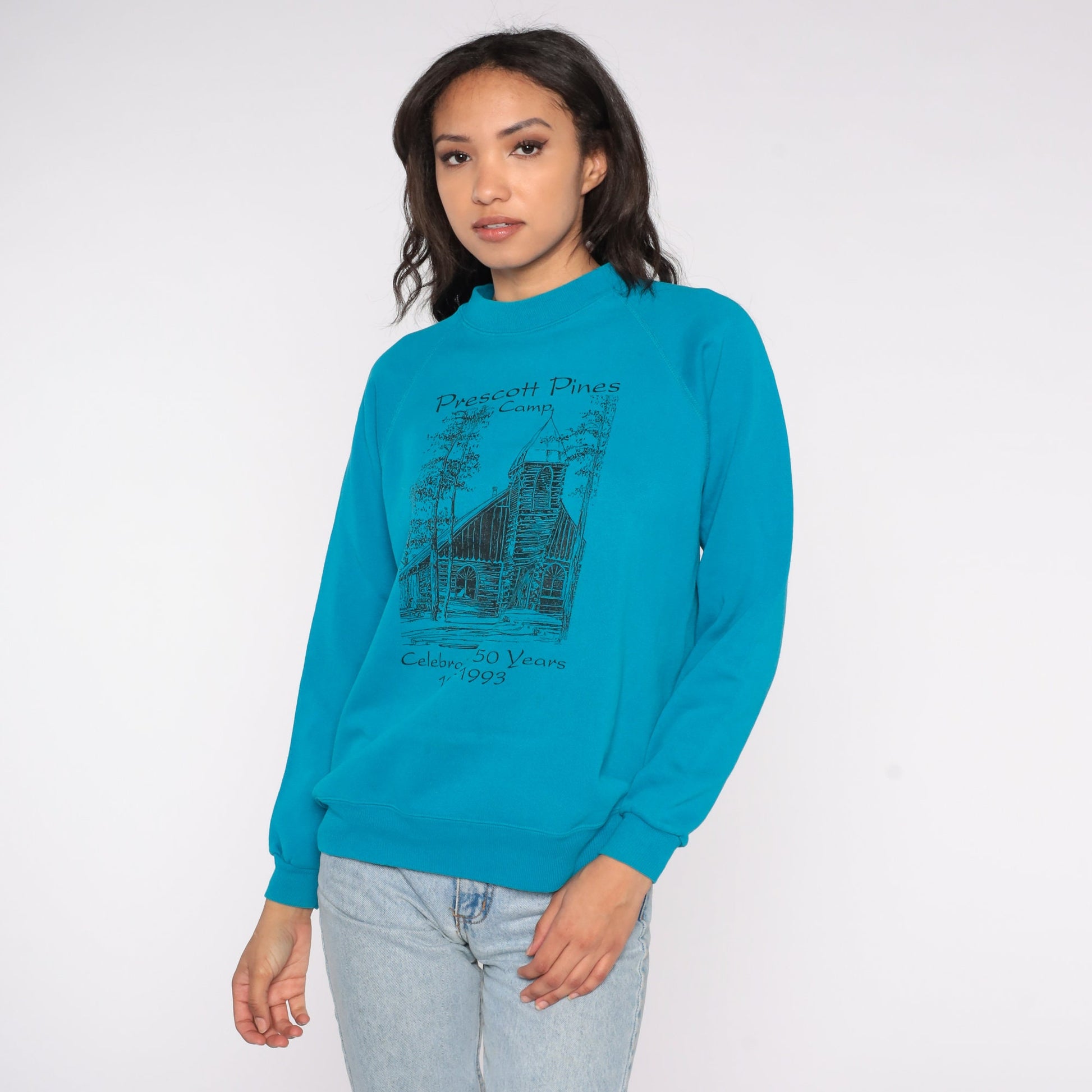 90s Prescott Pines Camp Arizona Raglan Sweatshirt Blue Graphic Crewneck Medium