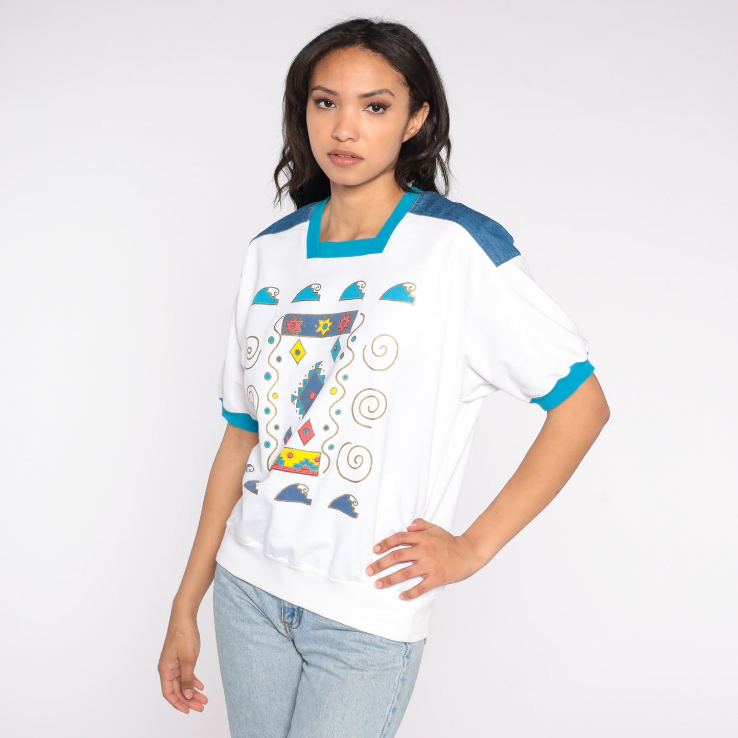 80s Southwestern Geometric Wave Ringer Tee Denim Shoulder Medium