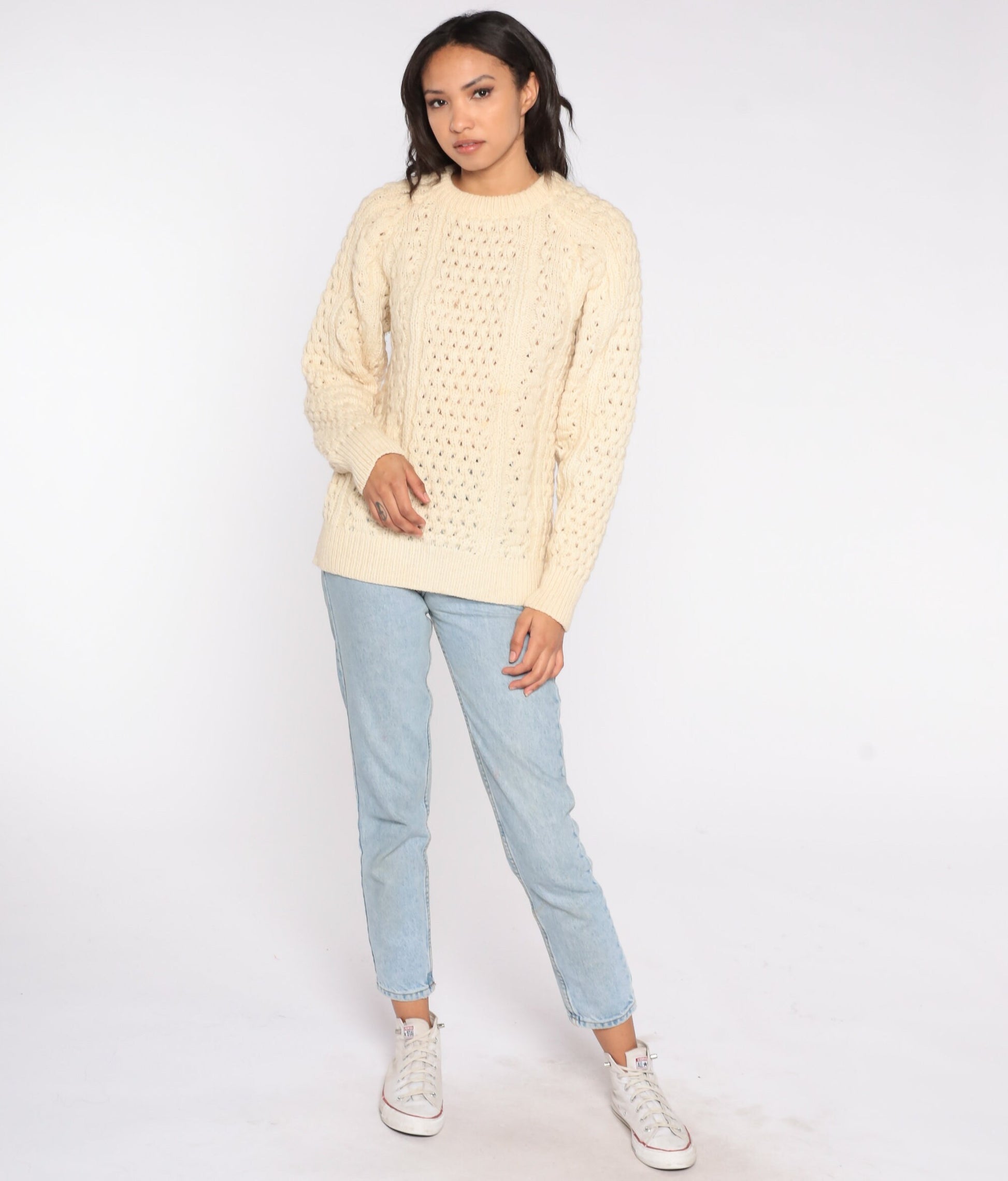 80s Cream Wool Cable Knit Raglan Sweater Fisherman Pullover Medium