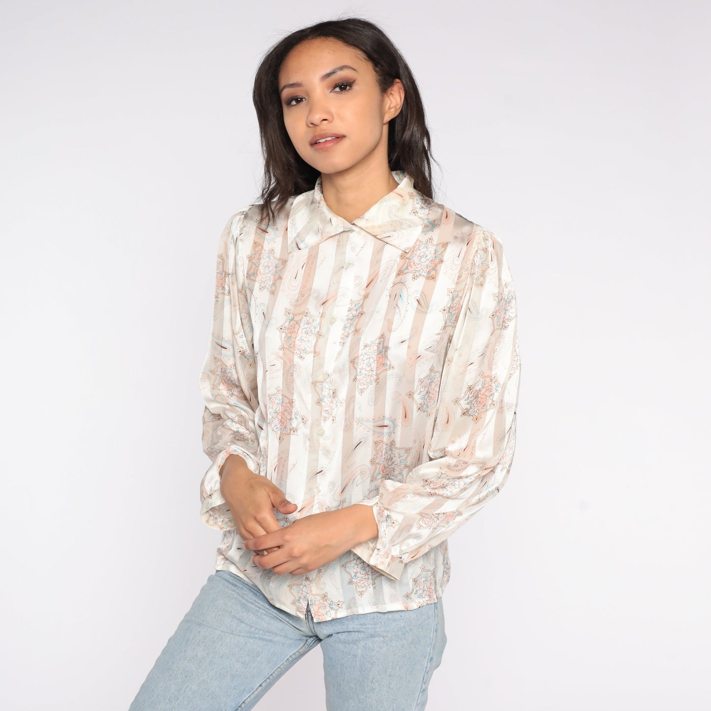 80s Striped Paisley Button Up Shirt Cream Tan Long Sleeve Collared Blouse Small