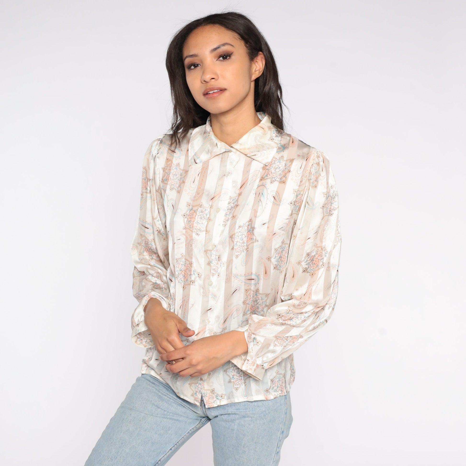 80s Striped Paisley Button Up Shirt Cream Tan Long Sleeve Collared Blouse Small