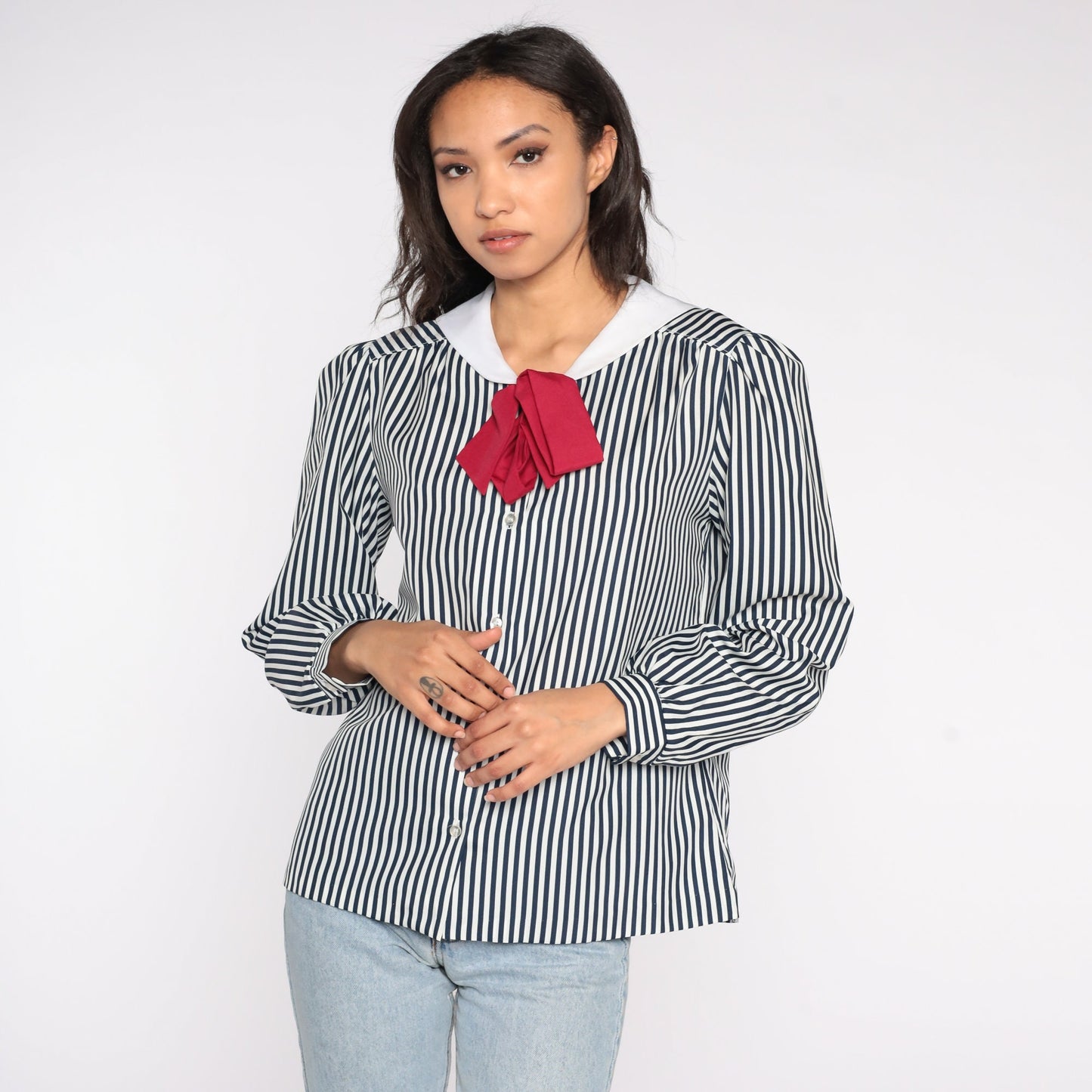 80s Striped Sailor Collar Blouse Ascot Bow Puff Sleeve Button Up Medium