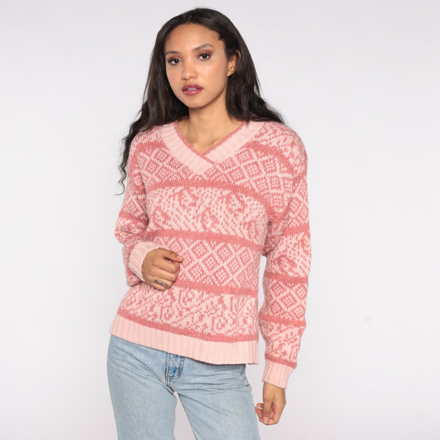80s Pink Geometric Striped V-Neck Pullover Sweater Large