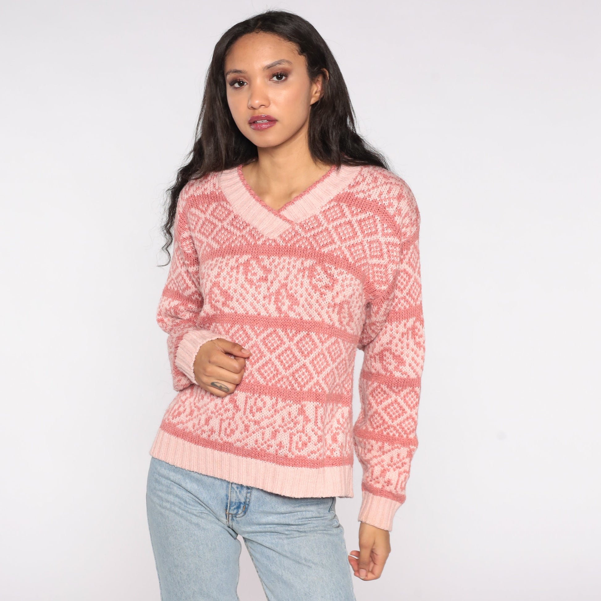 80s Pink Geometric Striped V-Neck Pullover Sweater Large
