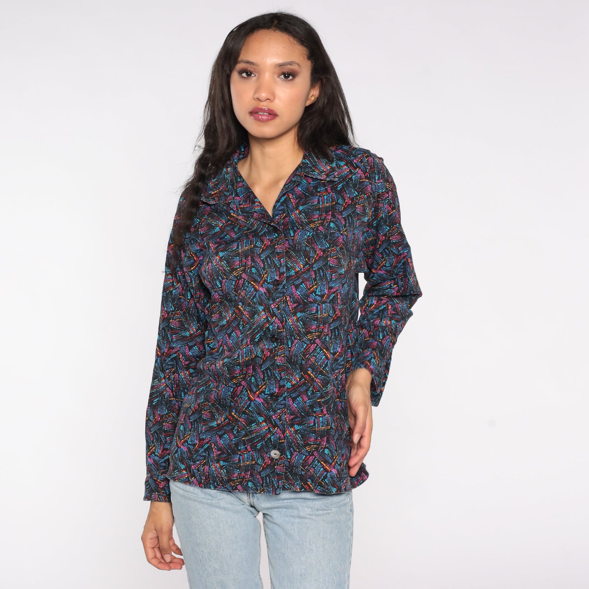90s Abstract Brushstroke Button-Up Blouse Blue Pink Long Sleeve Medium Large