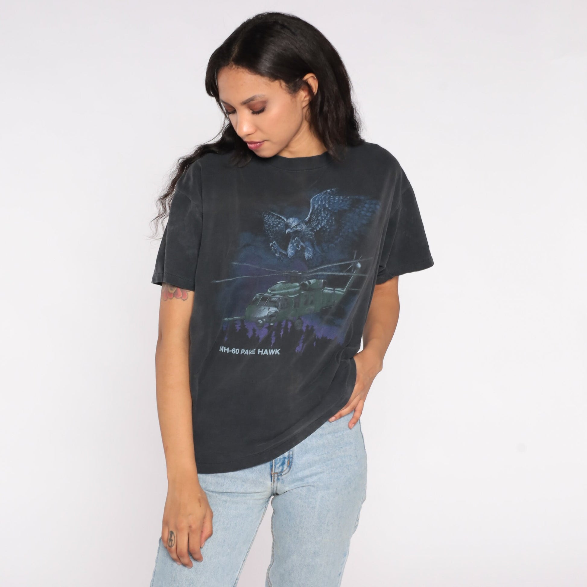 90s MH-60 Pave Hawk Helicopter Air Force Graphic Tee Black Cotton Large L