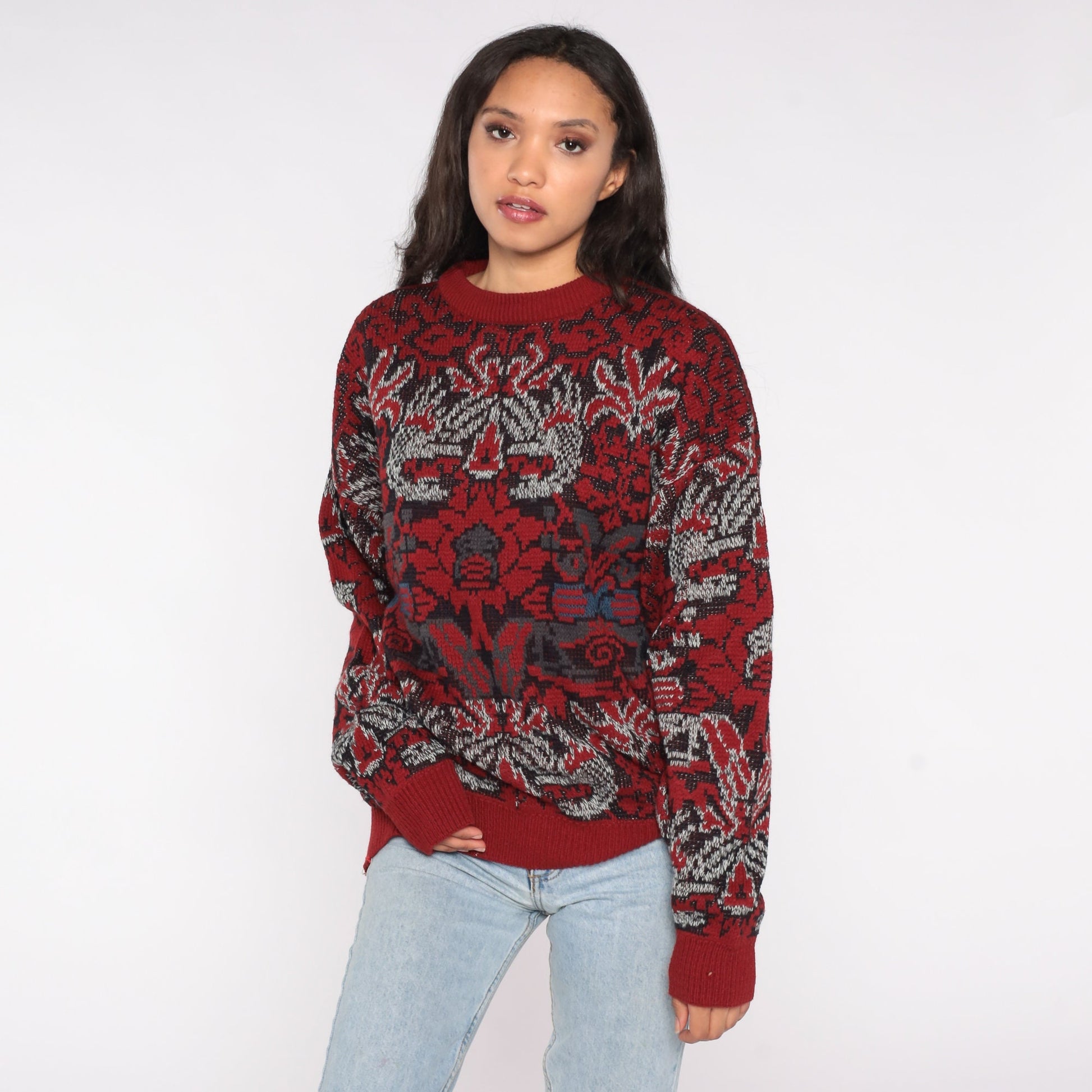 90s Geometric Jacquard Sweater Red Blue Abstract Knit Crewneck Extra Large
