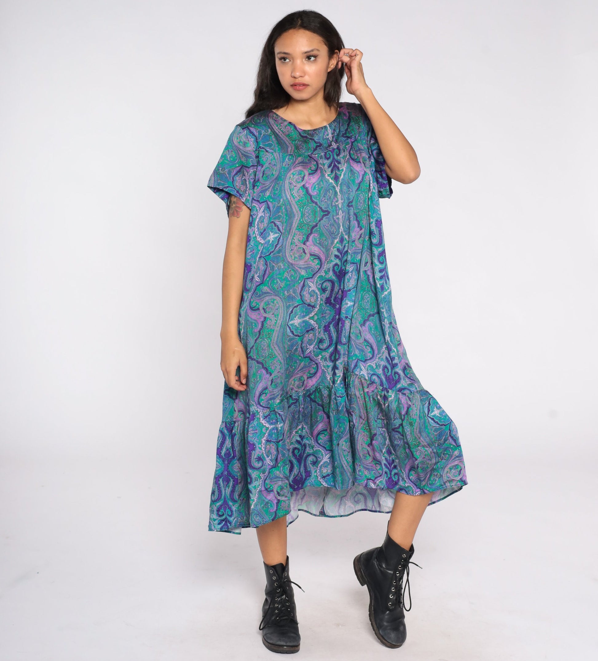 80s Psychedelic Tent Dress Midi Blue Print Short Sleeve Plus Size XXL