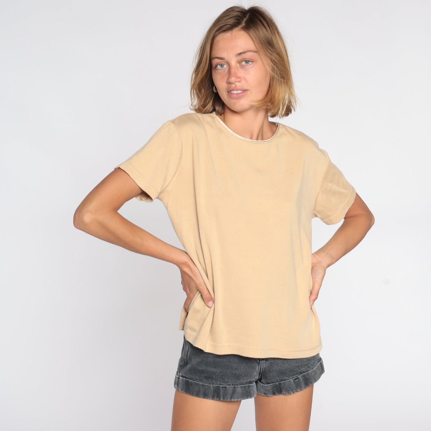 90s Tan T-Shirt Metallic Gold Trim Rib Knit Short Sleeve Medium