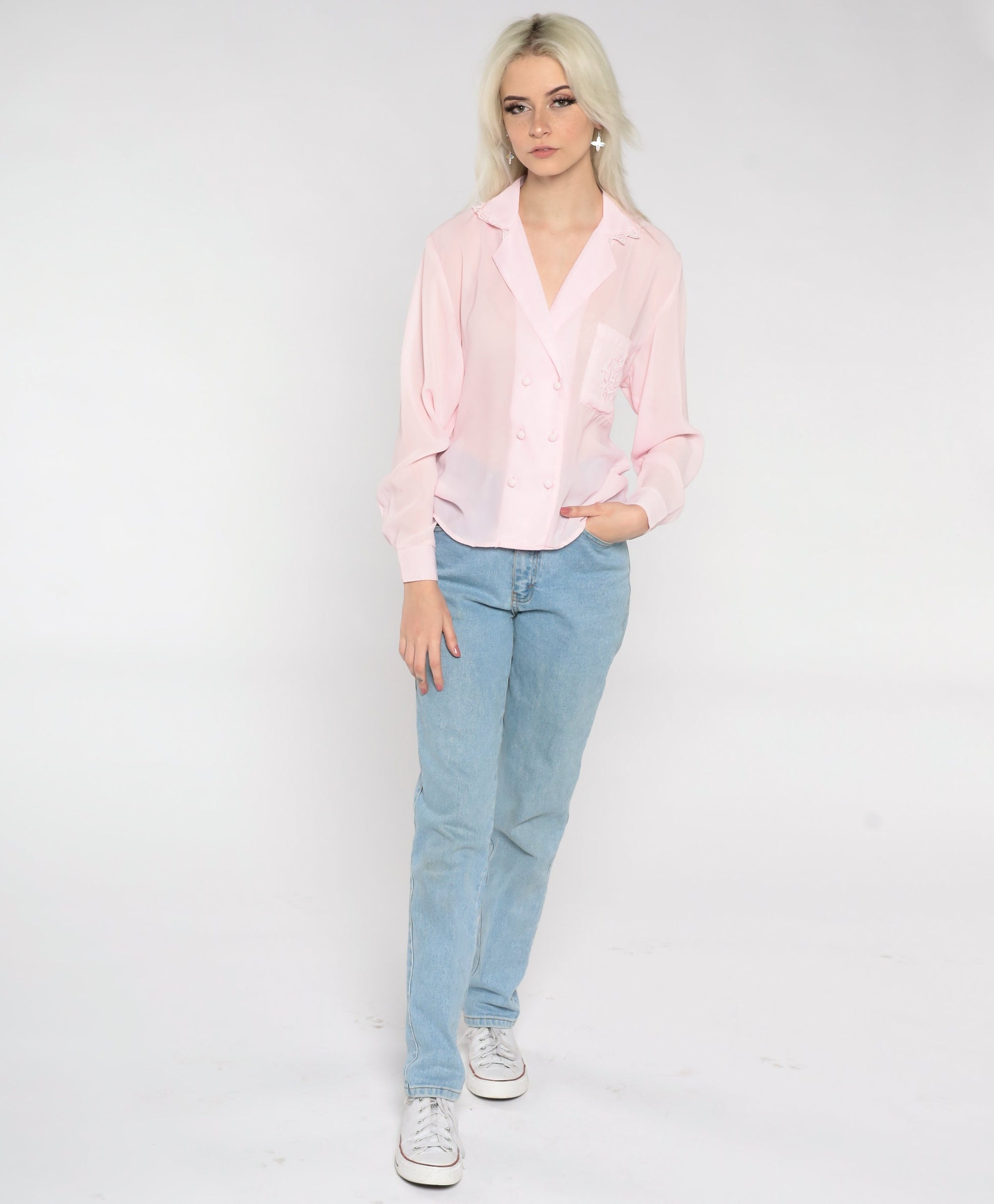 80s Baby Pink Semi-Sheer Button-Up Blouse Double Breasted Lace Trim Medium M