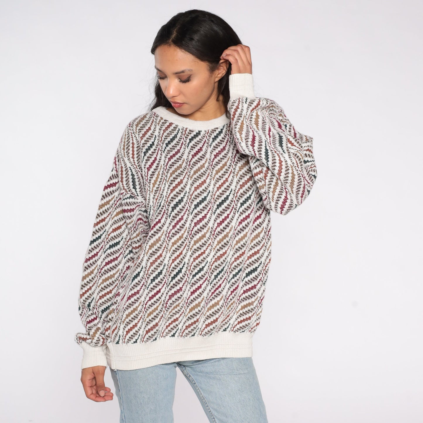 Geometric Print Knit Sweater White Cotton Pullover Extra Small XS