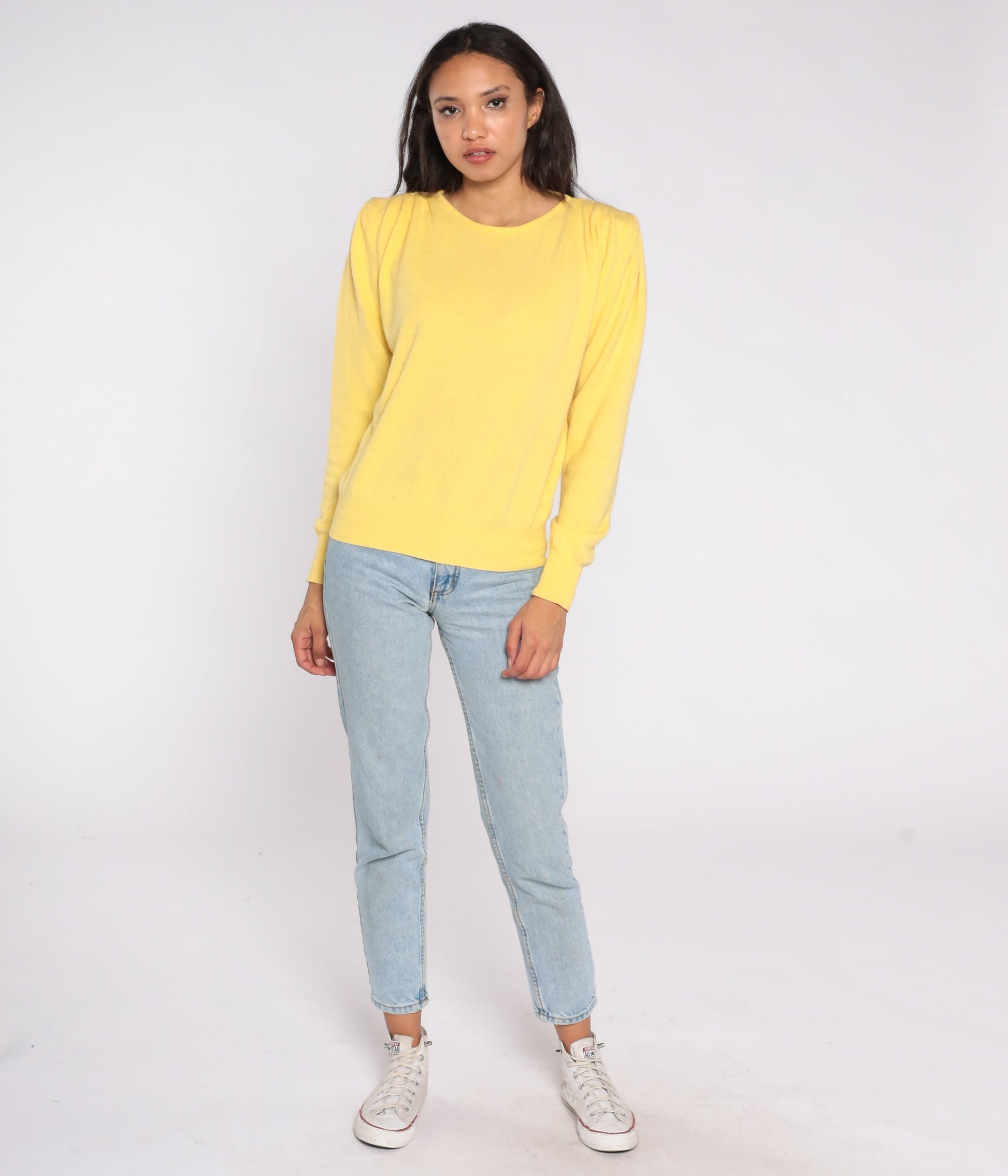 80s Benetton Yellow Cashmere Puff Sleeve Sweater Crewneck Medium
