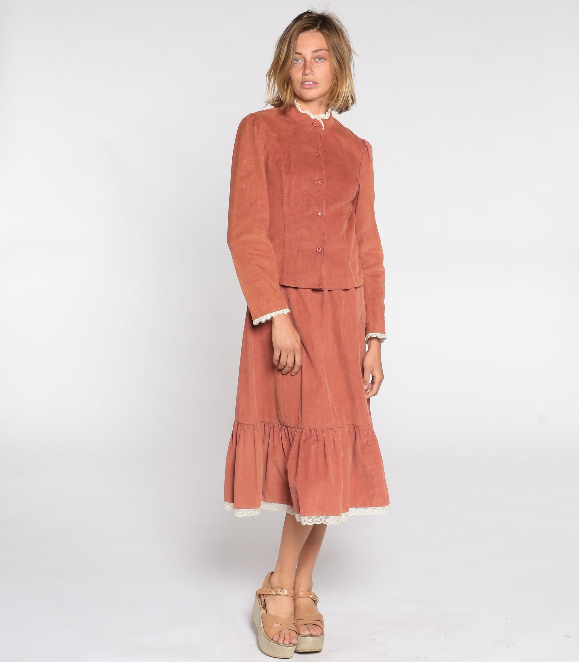 80s Corduroy Two Piece Set Brown Midi Skirt Puff Sleeve Blouse Small