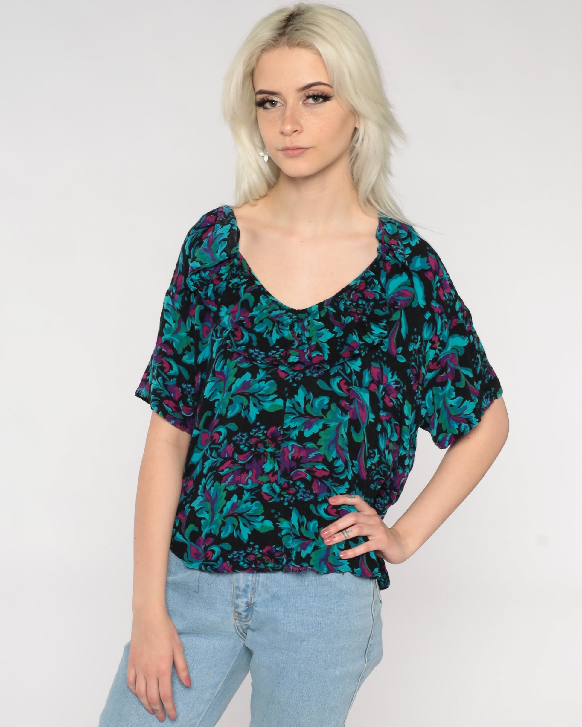 80s Floral Ruffle Blouse Black Green Flower Print Short Sleeve Large