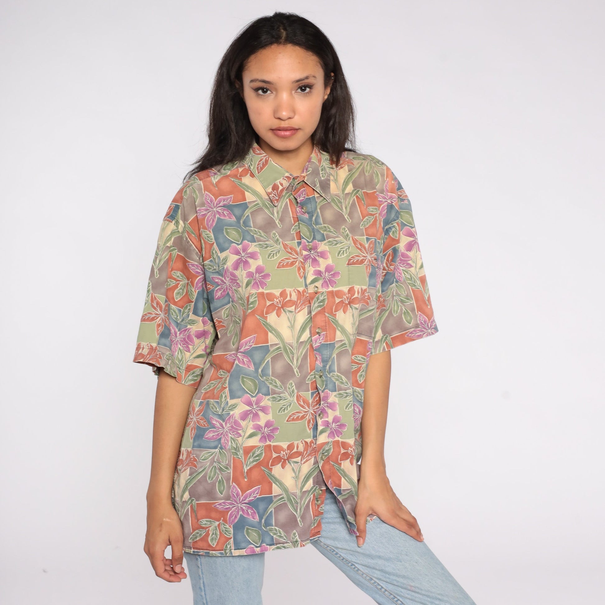 90s Pierre Cardin Floral Button Up Shirt Green Purple Cotton Extra Large Tall