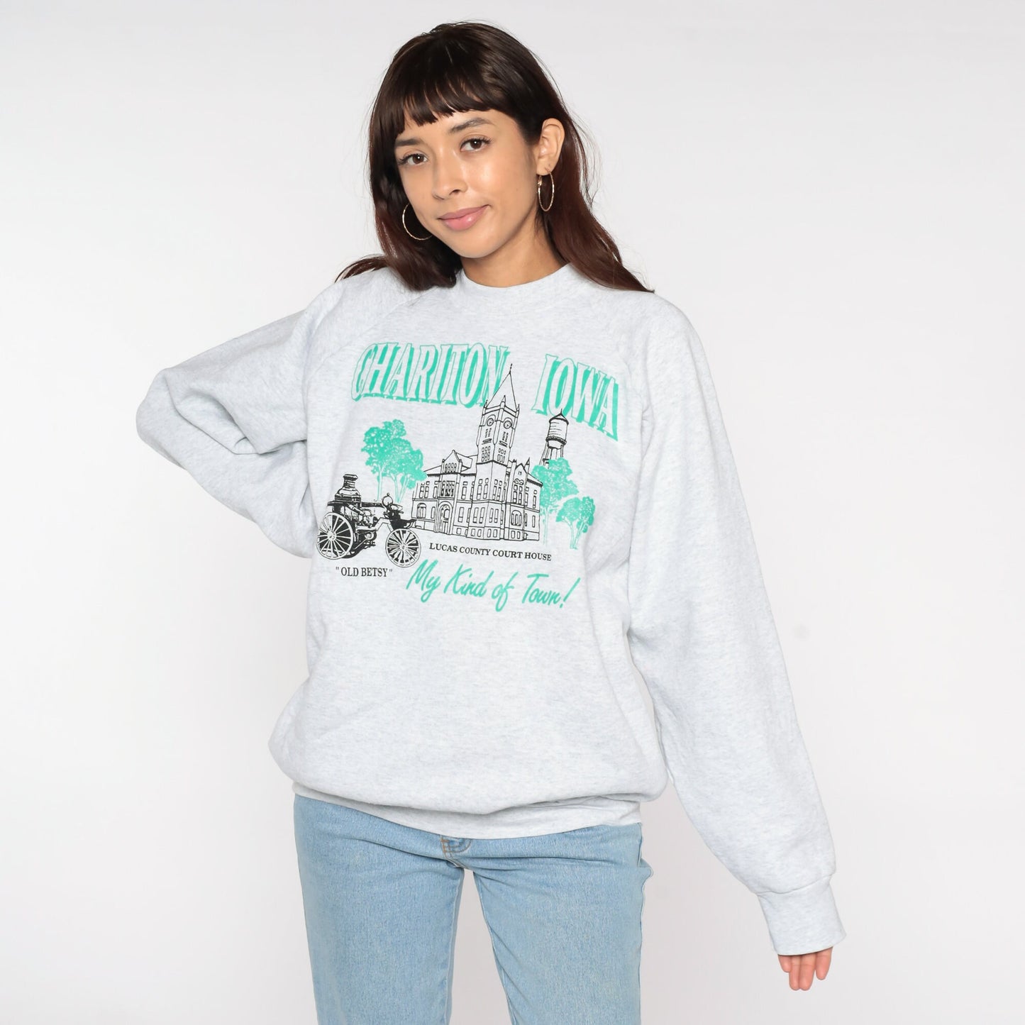 90s Chariton Iowa Courthouse Raglan Sweatshirt Grey Graphic Extra Large XXL