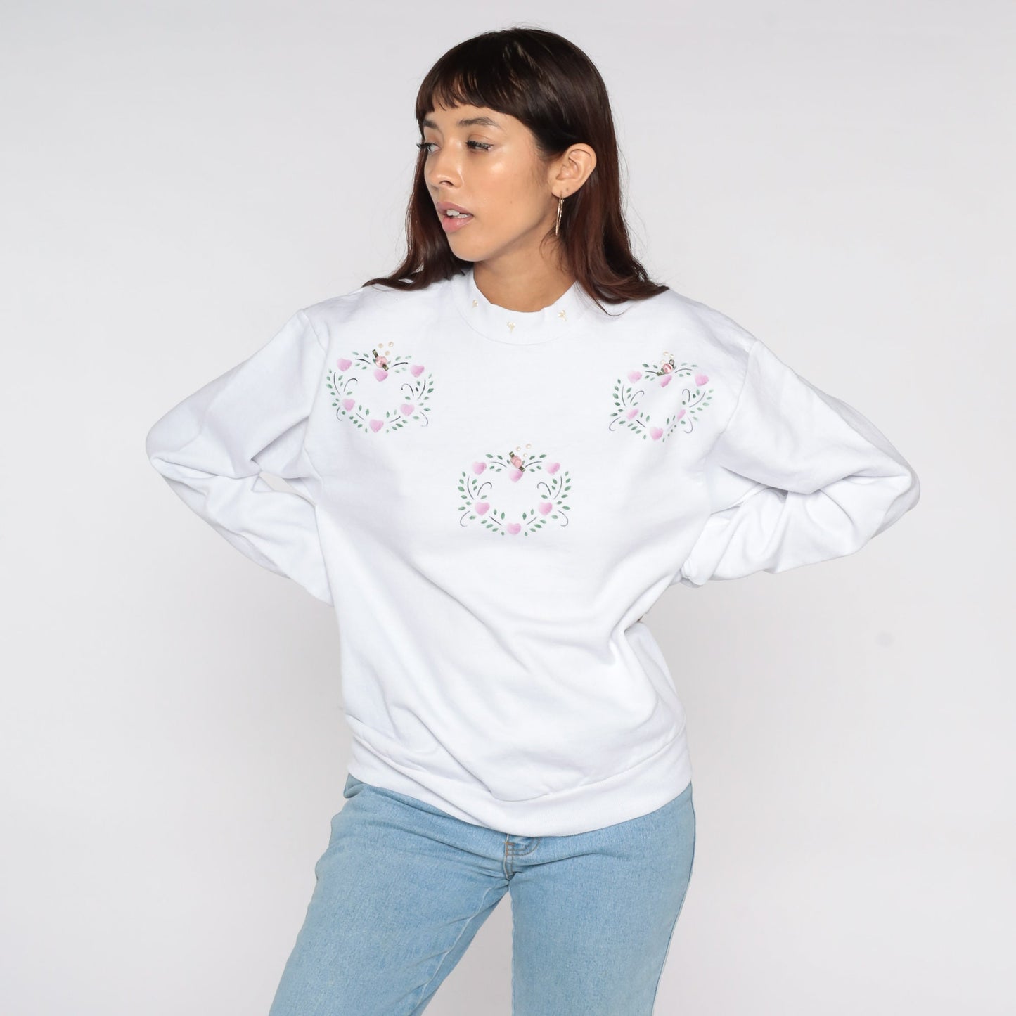 80s Jerzees White Heart Rosette Embellished Sweatshirt Crewneck Medium M