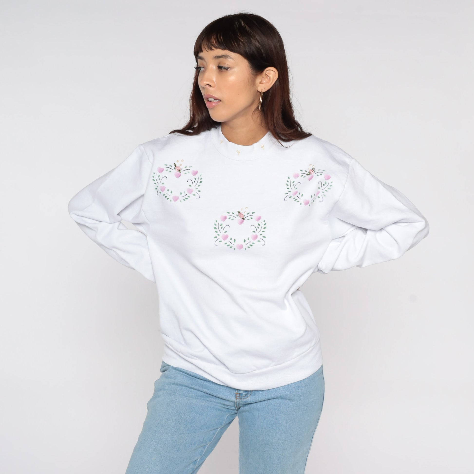 80s Jerzees White Heart Rosette Embellished Sweatshirt Crewneck Medium M