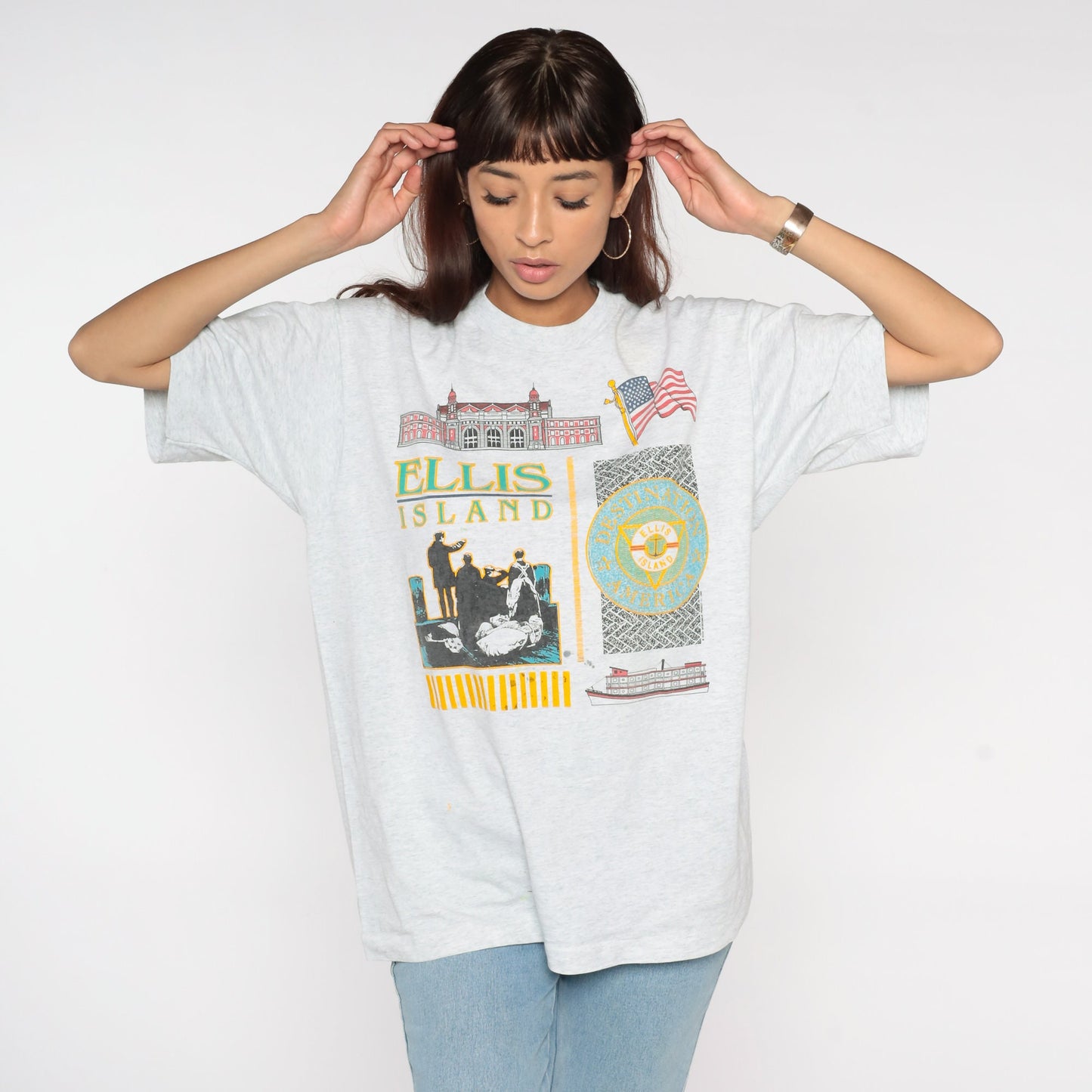 90s Ellis Island New York Graphic T-Shirt Light Heather Grey Extra Large XL